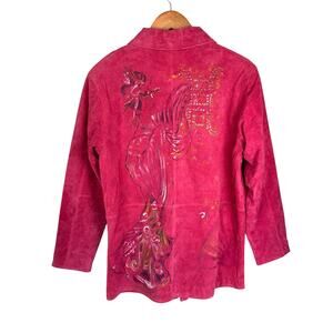 Look East Red Asian Geisha 100% Leather Collared Long Sleeve Button Down Jacket